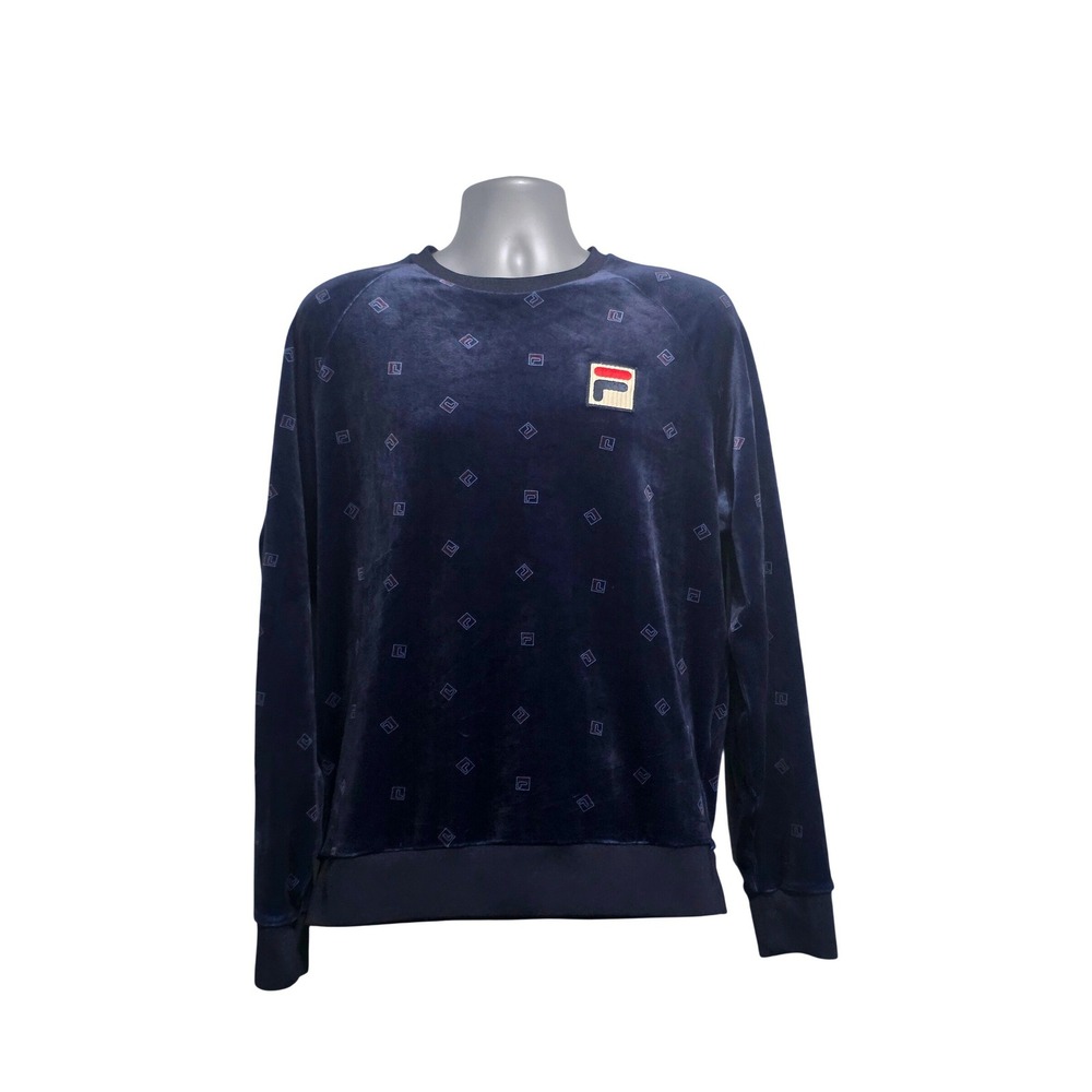 Fila‎ Mens Velour Monogram Sweatshirt Navy Blue Raglan Pullover Size M A11